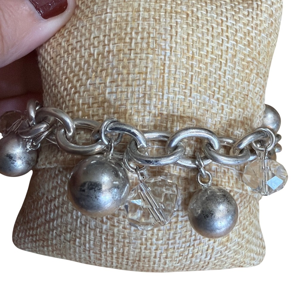 Chico's Silver Tone Heart & Crystal Charm Toggle Bracelet Chunky Link